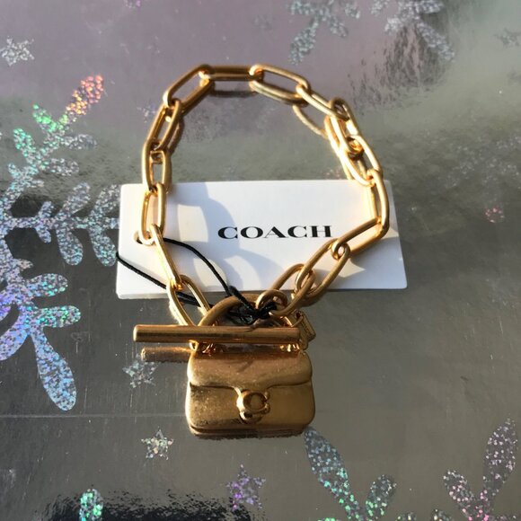 COACH MINI TABBY HANDBAG CHARM Matte Gold Tone Brass  Chain Bracelet  NWT - Picture 3 of 9